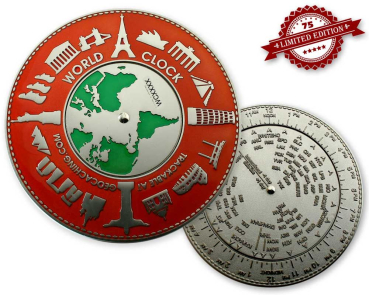 Vorderseite des World Clock XXXL Geocoins Red Silver von Geo-Discount mit Weltkarte