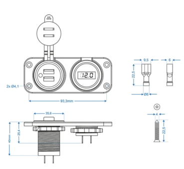 12V/24V Einbau Kit: Voltmeter 6-30V + USB Doppel-steckdose 2x2100mA
