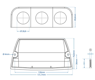 Preview: Technische Zeichnung des 3-fach Aufbau-Gehäuses mit Massangaben