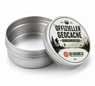 Runde Geocaching Dose aus Aluminium mit Schraubdeckel und Offizieller Geocache Aufkleber.