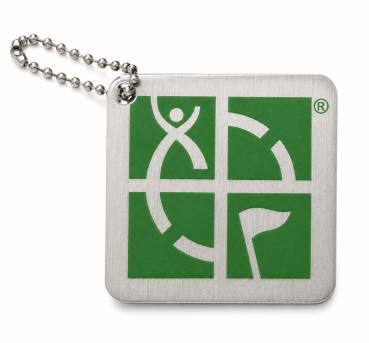 Grüner Geocaching Travel Tag mit Logo und QR-Code