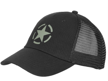Schwarze Trucker Cap mit vorgebogenem Schirm und Druckknopflasche