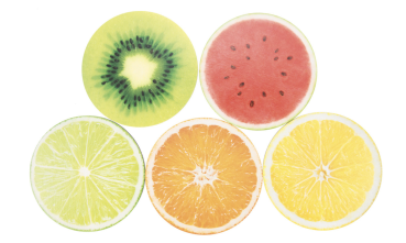 Getränke-Untersetzer Früchte Set mit Motiven von Kiwi, Melone, Limette, Orange und Zitrone