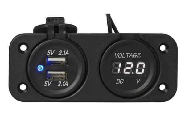 12V/24V Einbau Kit: Voltmeter 6-30V + USB Doppel-steckdose 2x2100mA
