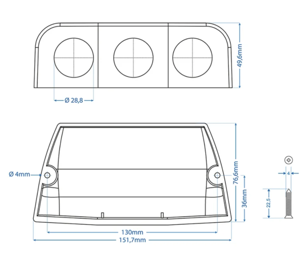 Technische Zeichnung des 3-fach Aufbau-Gehäuses mit Massangaben