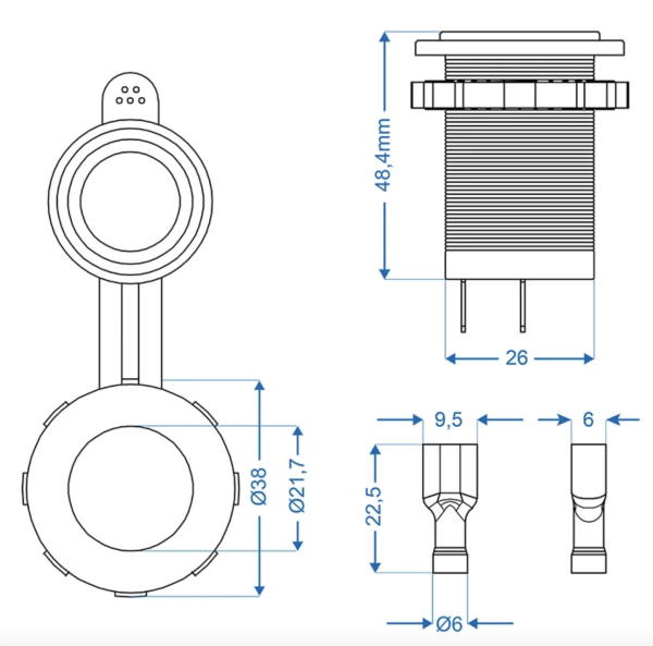 Technische Zeichnung der Einbau-Steckdose DIN 12V/24V mit Massenangaben