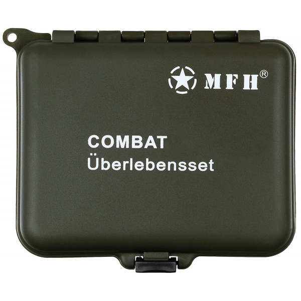 Kompaktes Combat Überlebensset in grüner Box mit Aufdruck