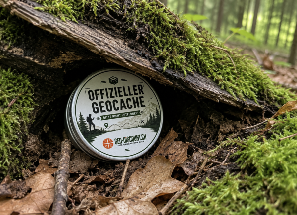 Geocaching Dose von Geo-Discount als Versteck unter einem Baumstamm im Wald.