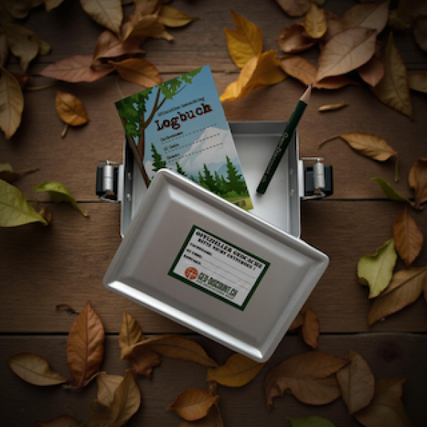 Offene Aluminium Geocache Box mit Inhalt
