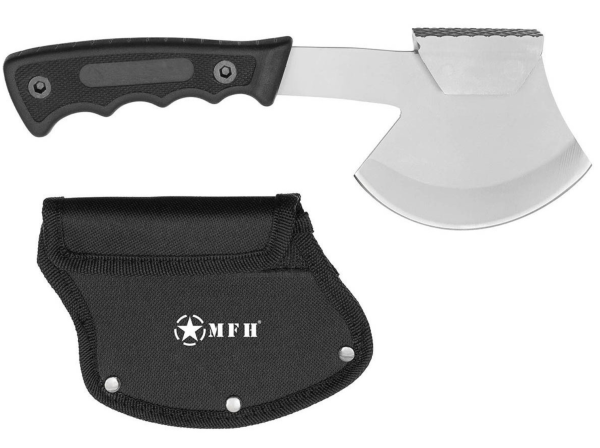 Hammer-Beil mit schwarzem Gummigriff und Transportscheide für Geocaching
