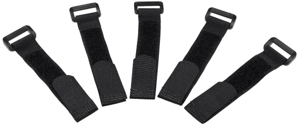 5 schwarze Klett-Kabelbinder mit Öse nebeneinander